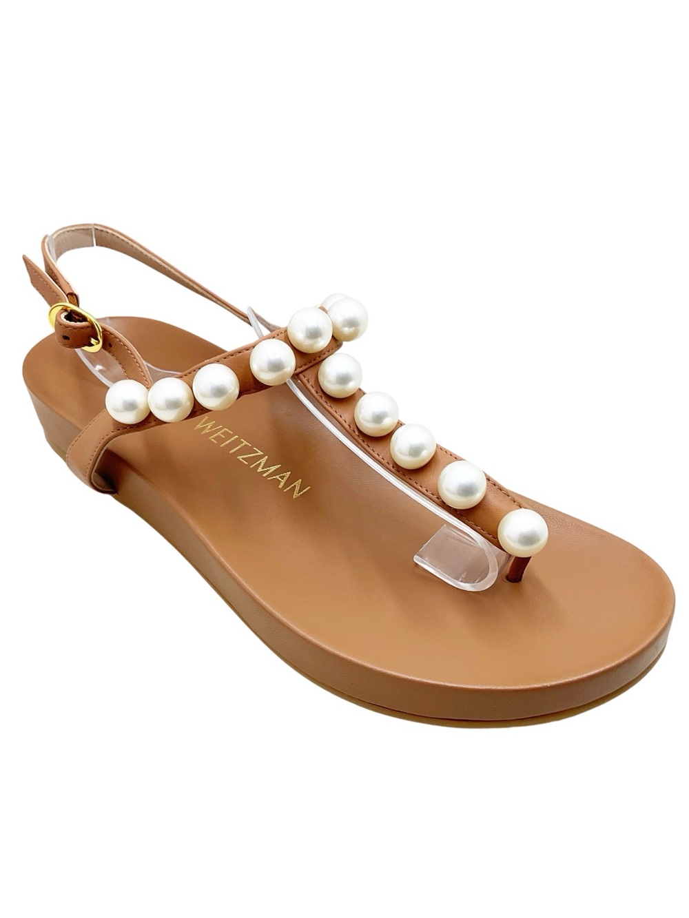 {Stuart Weitzman} Goldie Pearl Demi Wedge Thong Sandals In Tan